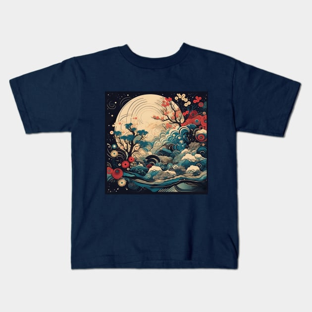 Asian forest with moon Kids T-Shirt by KOTYA